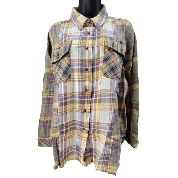 Easel Plaid Shirt Patchwork Button-Up Womens 1X Frayed Hem Pockets New Tags - Picture 1 of 8